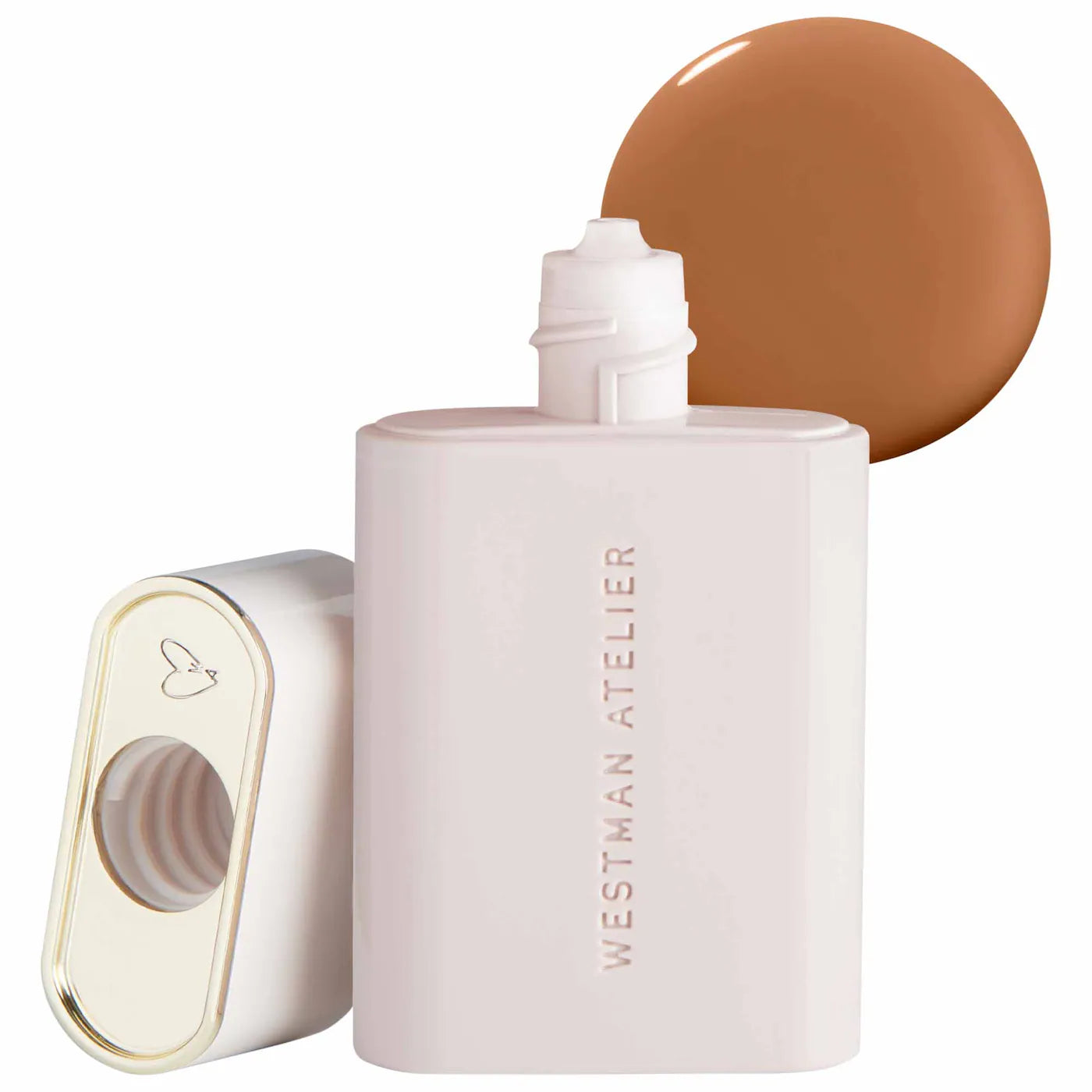 Westman Atelier complexion drops bottle with a swatch of brown shade on a white background