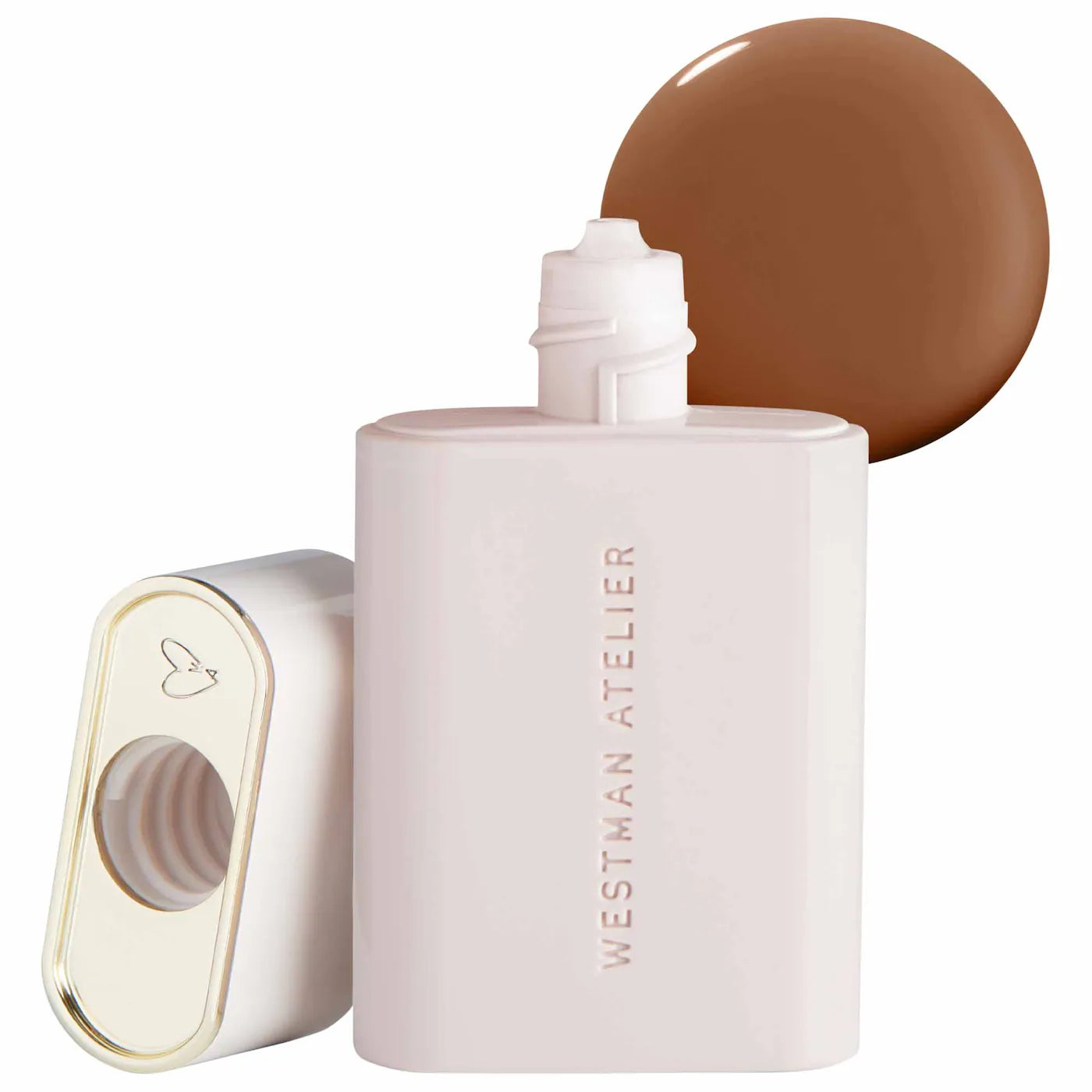 Westman Atelier complexion drops bottle with a swatch of brown shade on a white background