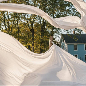 White fabric flowing in the wind with trees and a house in the background