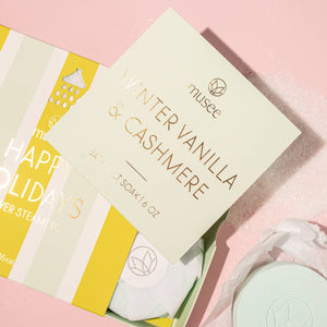 Musee Winter Vanilla & Cashmere soap bar with packaging on a pink background
