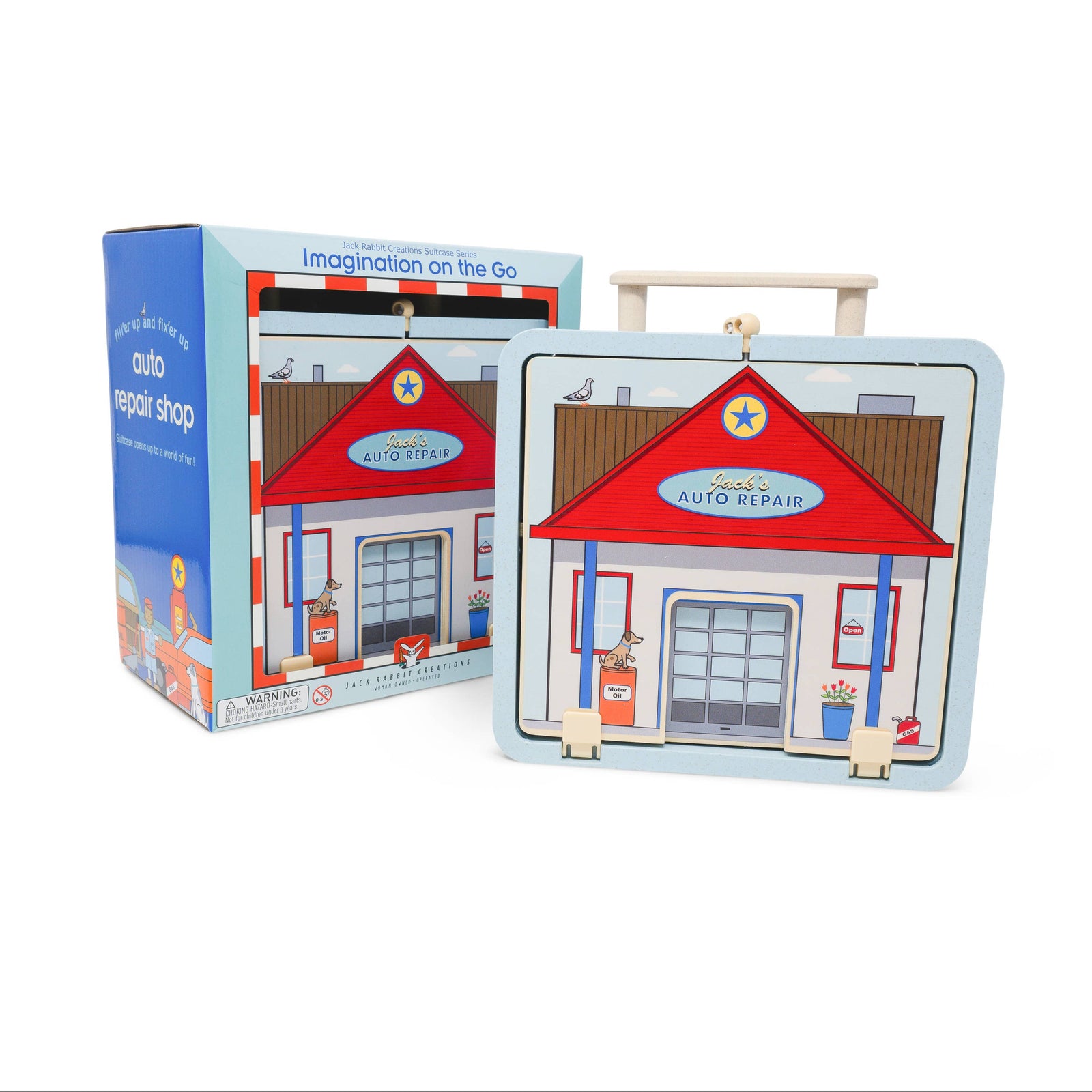 Toy repair shop set with packaging on a white background
