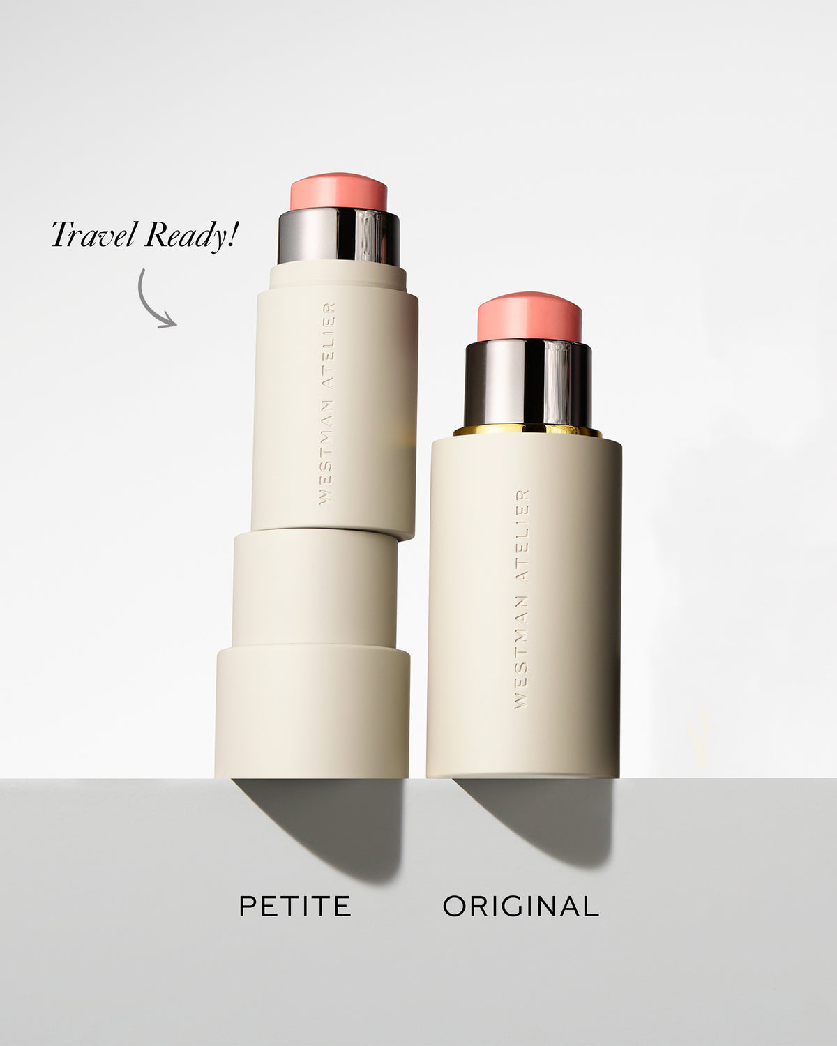 Two cosmetic sticks, one labeled 'Petite' and the other 'Original', on a light gray background.