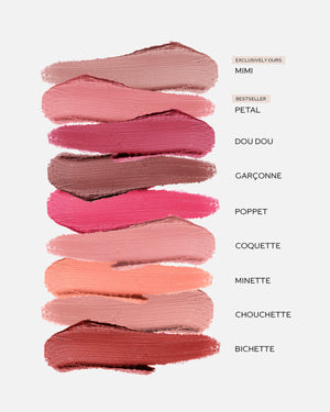 Color swatches of blush shades with names on a white background