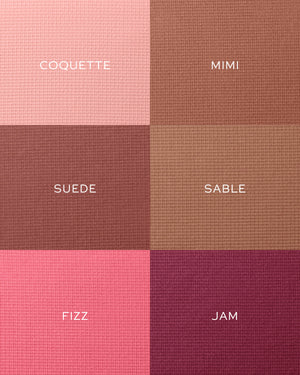 Color swatches labeled Coquette, Mimi, Suede, Sable, Fizz, and Jam with textured patterns.