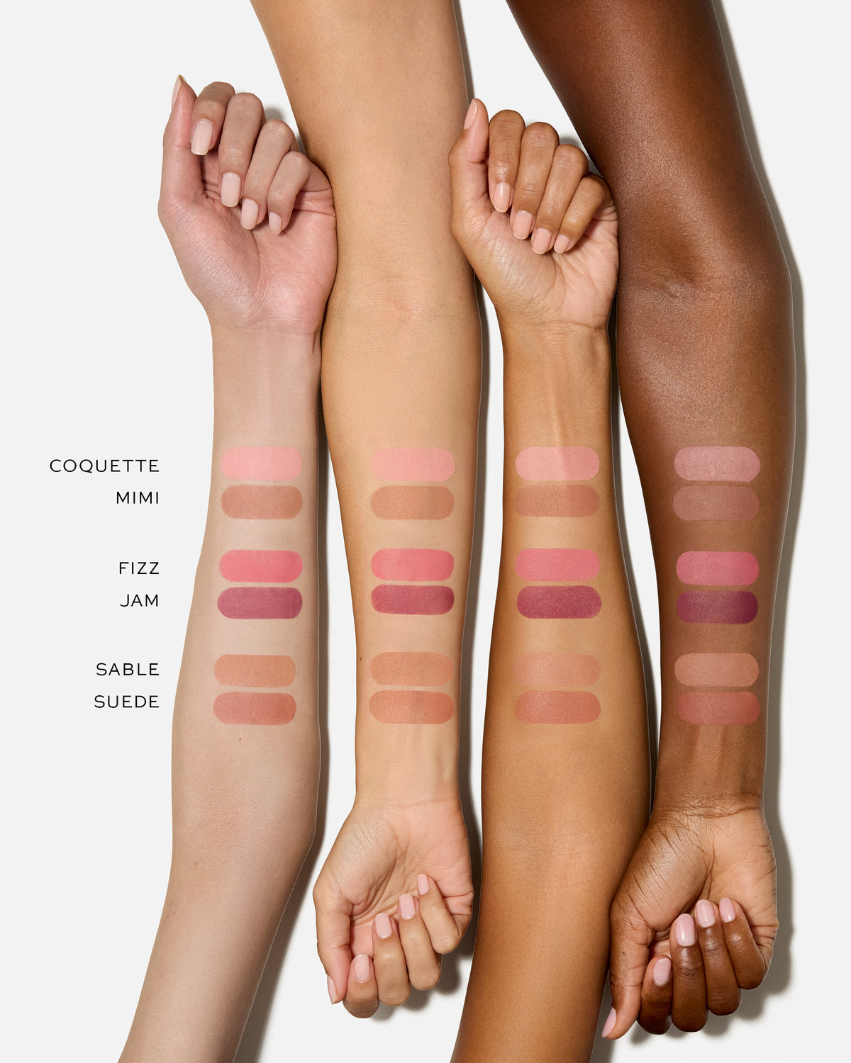 Color swatches on arms with text labels for different lipstick shades.