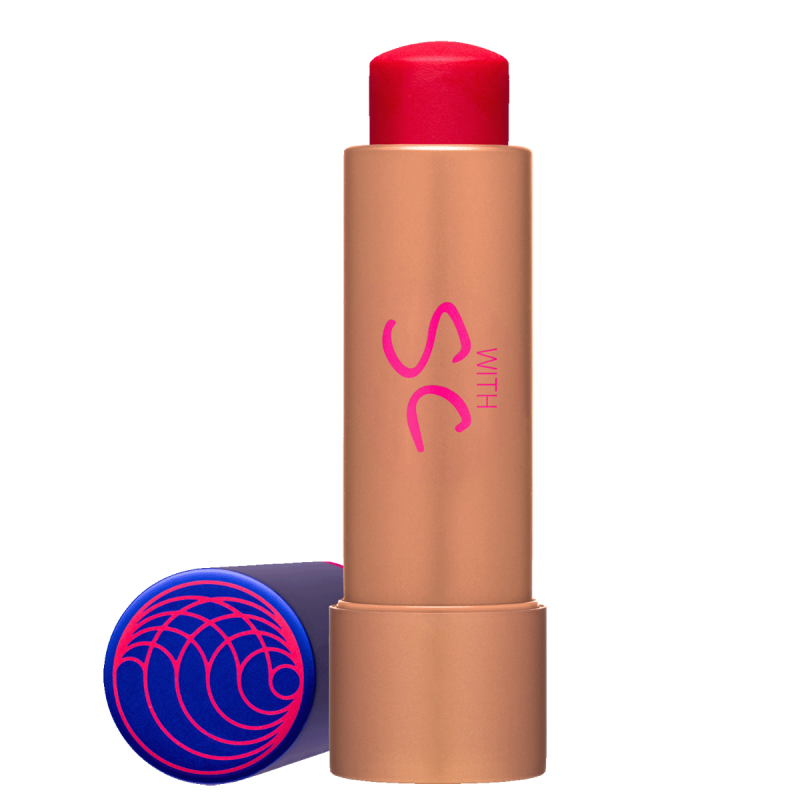 Lip balm with a red cap and brown body on a white background