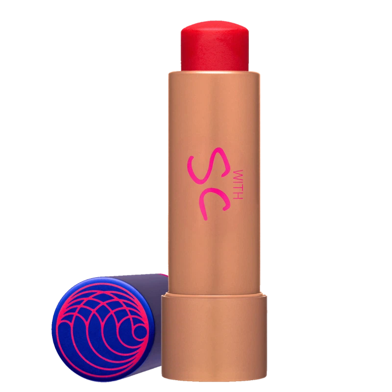Lip balm with red cap and brown body on a white background
