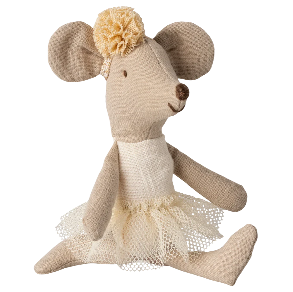 Stuffed mouse toy with a flower on a white background