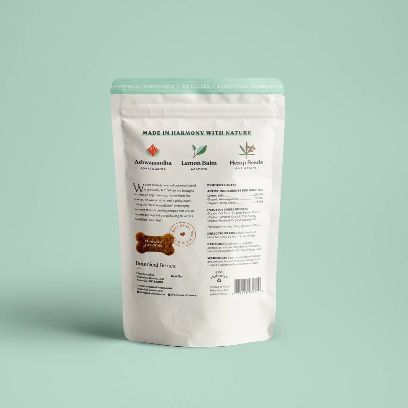 A bag of botanical bones balance and calm dog treats