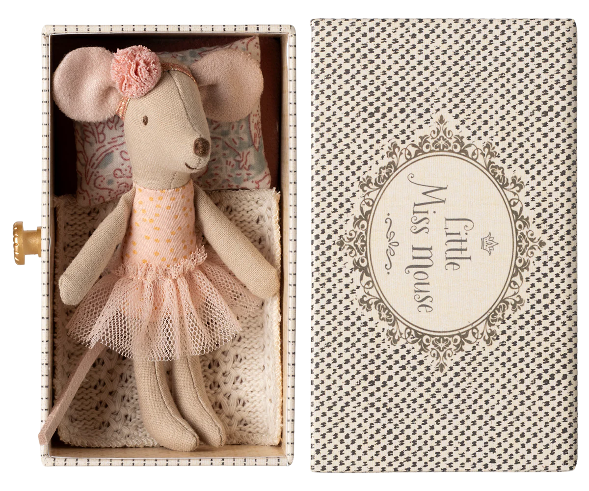 Stuffed mouse toy in a decorative box with 'Miss Mouse' branding.