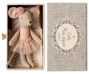 Stuffed mouse toy in a decorative box with 'Miss Mouse' branding.