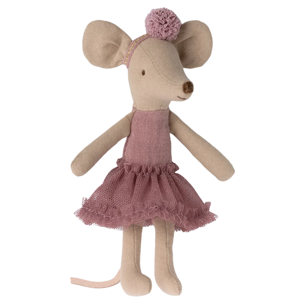 Stuffed mouse toy with a pink dress and pom-pom on a white background