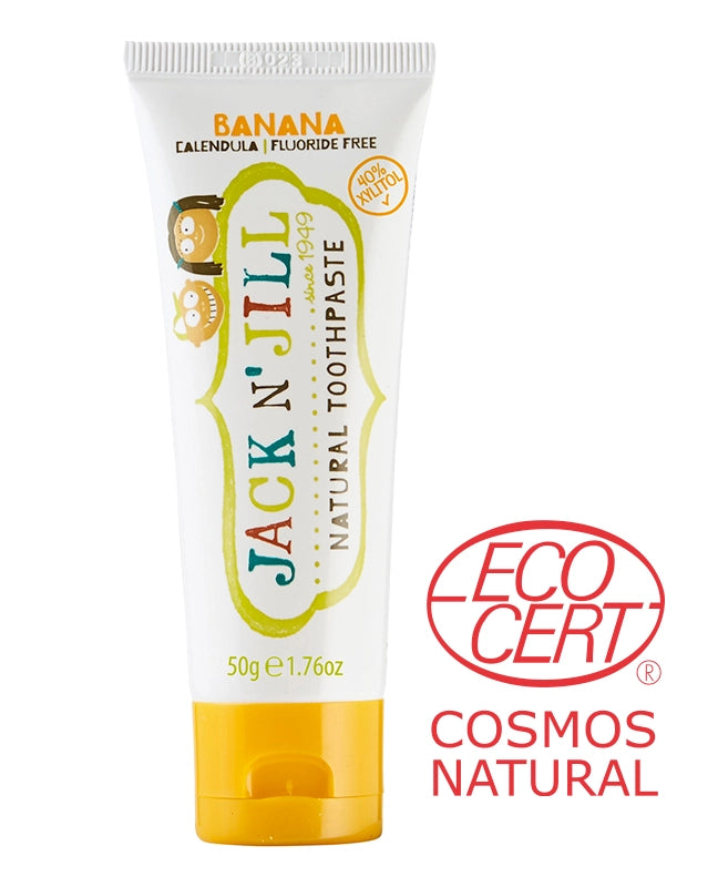Tube of Jack n' Jill Kids Banana Toothpaste with an EcoCert 'Cosmos Natural' label, indicating it is a natural toothpaste.