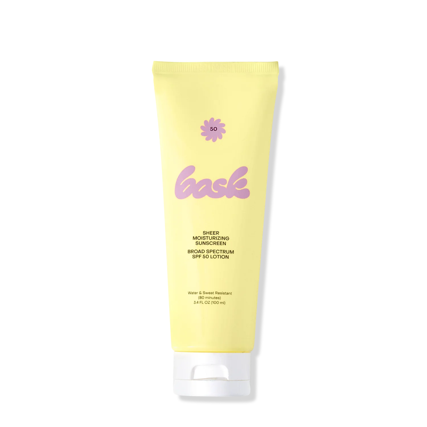 A tube of Bask sheer moisturizing sunscreen, SPF 50 lotion