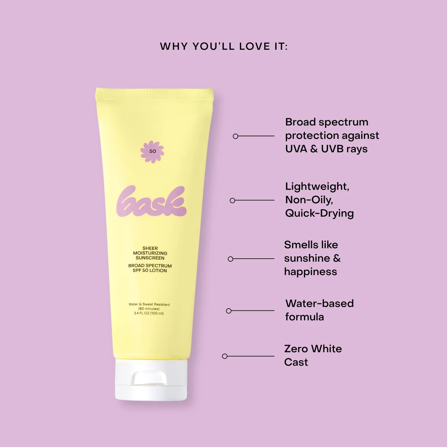 A tube of Bask sheer moisturizing sunscreen, SPF 50 lotion