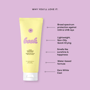 A tube of Bask sheer moisturizing sunscreen, SPF 50 lotion