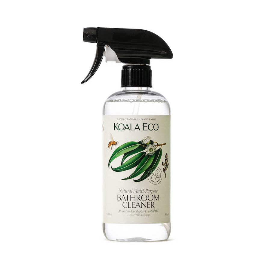 A clear spray bottle labeled Koala Eco Natural Multi-Purpose Bathroom Cleaner with a green leaf design.