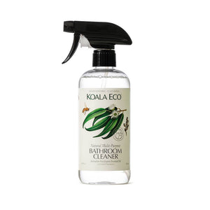 A clear spray bottle labeled Koala Eco Natural Multi-Purpose Bathroom Cleaner with a green leaf design.
