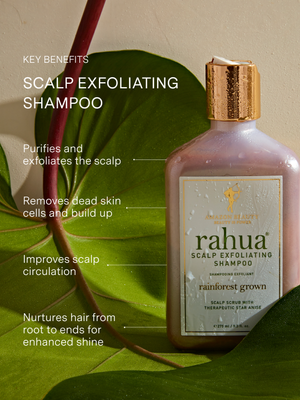 Rahua scalp exfoliating shampoo bottle with key benefits text on a leaf background