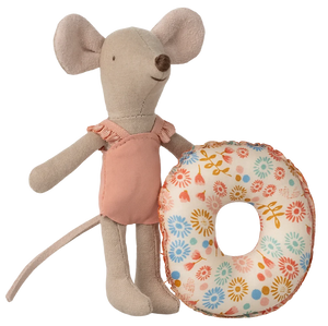 Stuffed toy of a mouse in a pink swimsuit with a flower-printed float around its stomach.