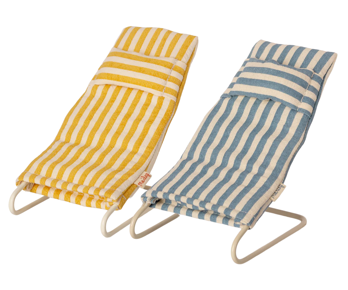 Two striped toy beach chairs, one in yellow and one in blue, designed for small toy figures.