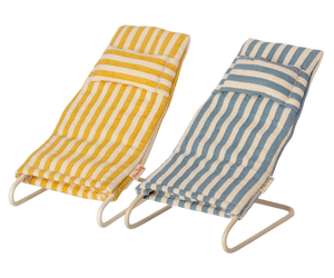 Two striped toy beach chairs, one in yellow and one in blue, designed for small toy figures.
