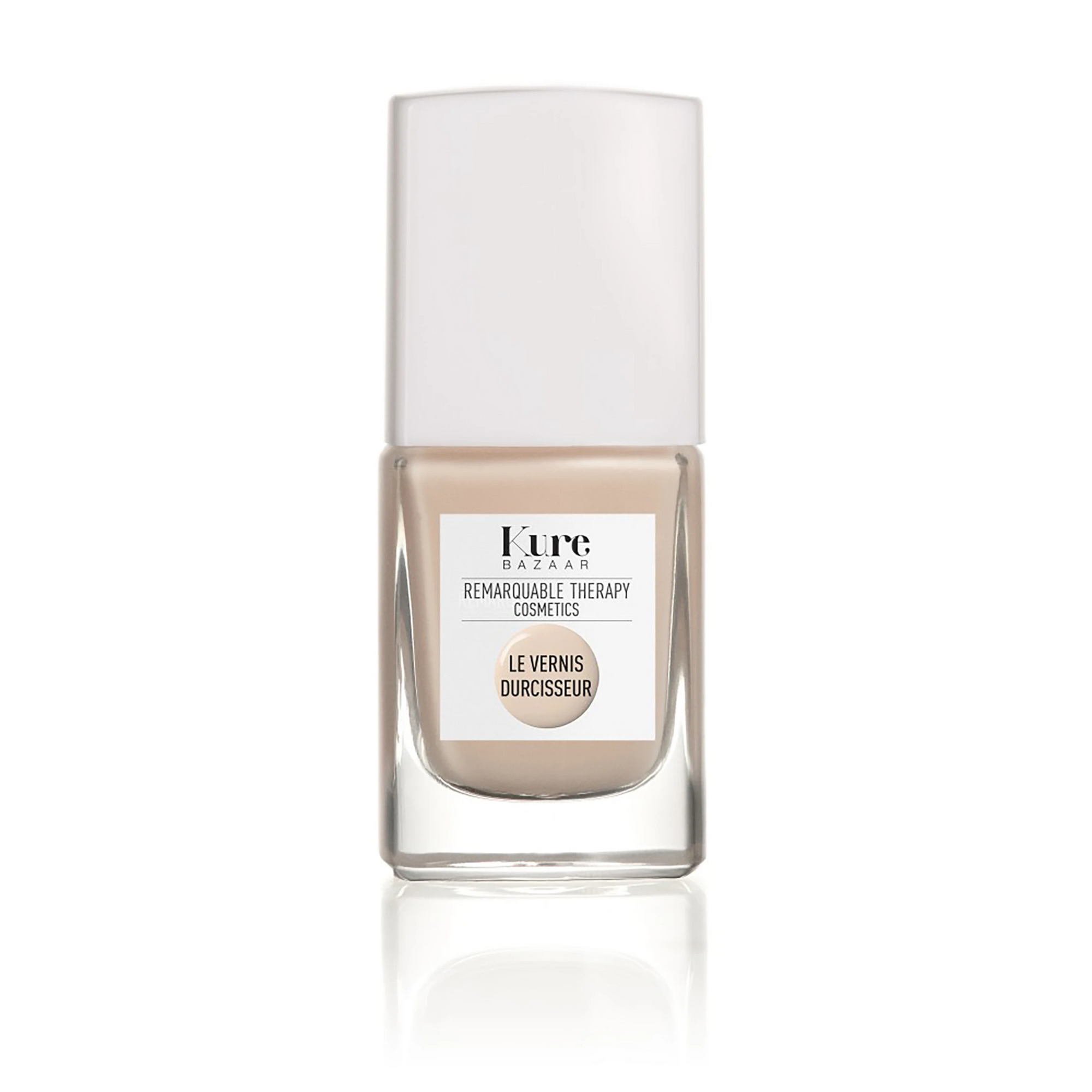 A bottle of Kure Bazaar nail hardener in beige color with a label that reads 'REHABILITATION THERAPY COMPLEX LE VEINS CONCEALER'.