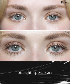 Before and after comparison of eyes with Straight Up Mascara application