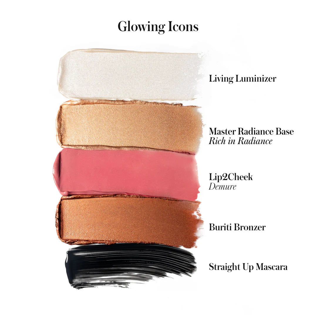 Stack of makeup products with labels on a white background