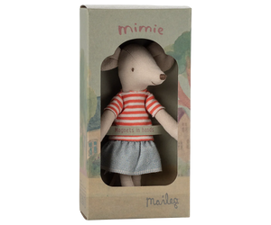 Stuffed toy mouse in a striped shirt and skirt in a box with 'mimie' branding.