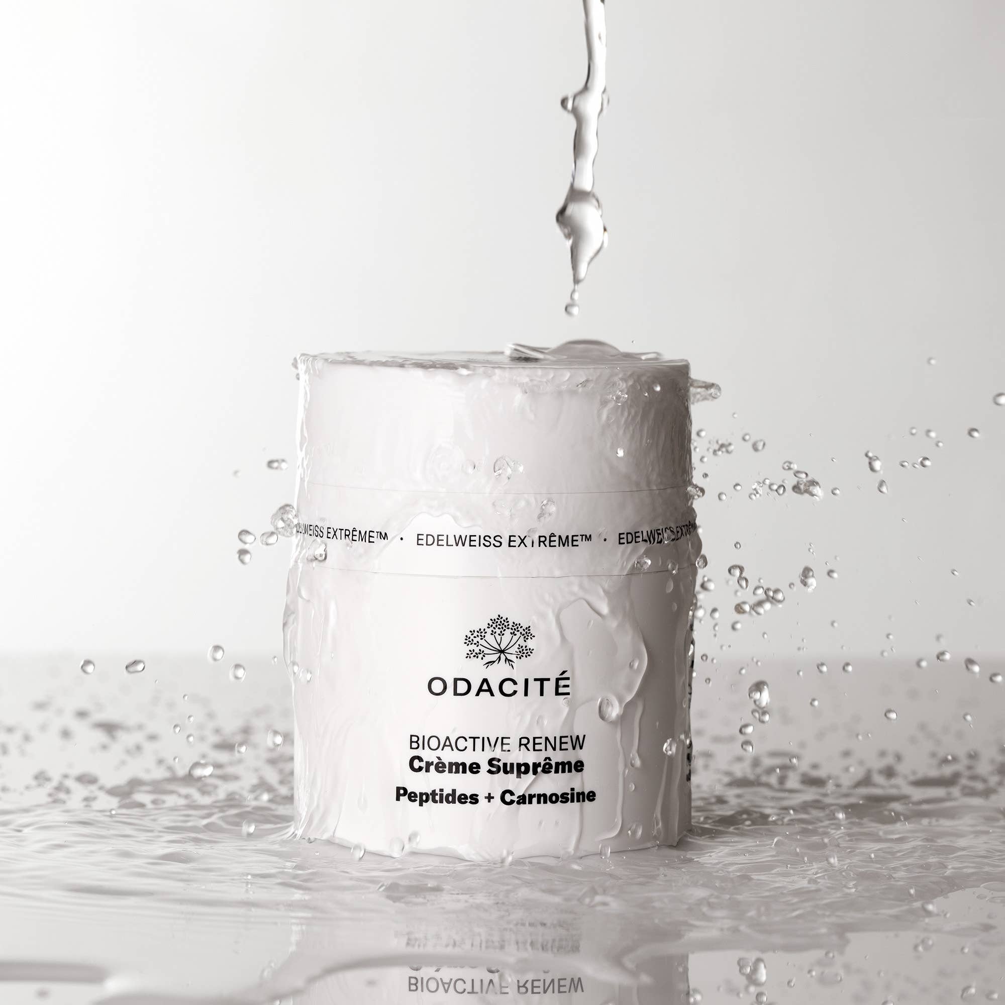 Skincare cream jar with splashes on a white background