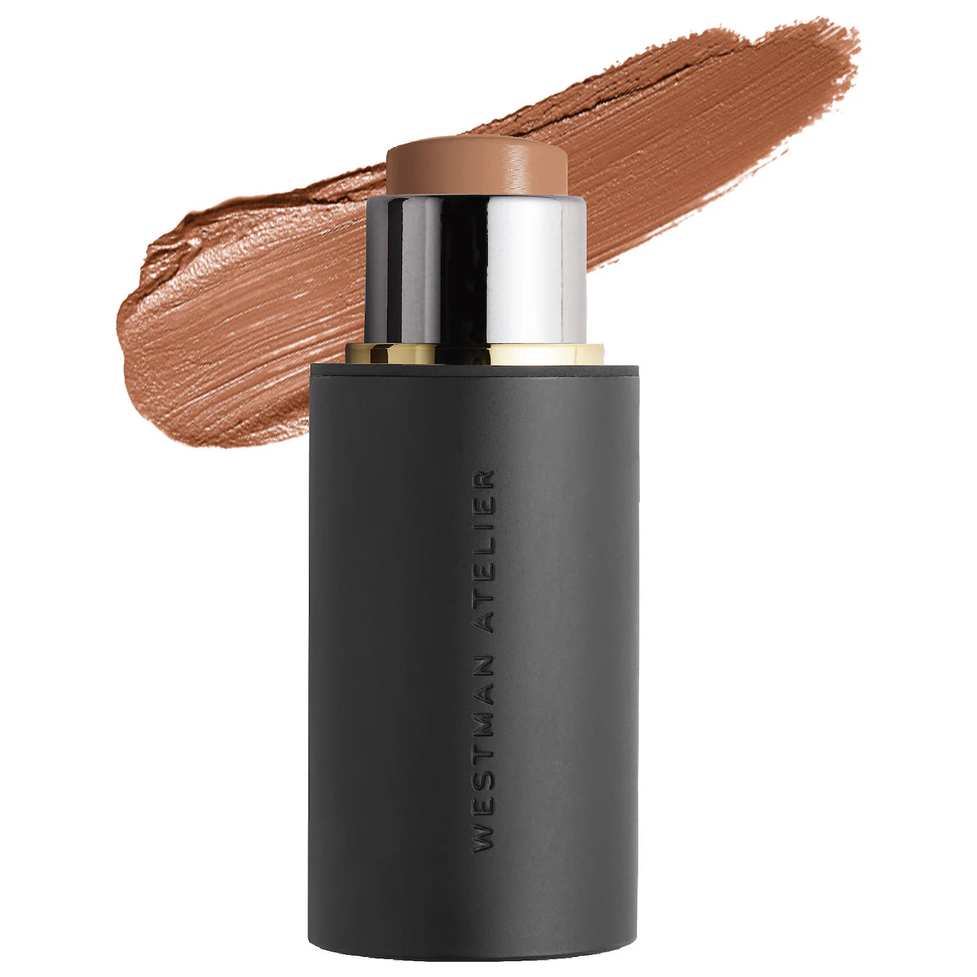 Black cosmetic stick with brown applicator and swatch on white background, featuring 'Westman Atelier' branding.