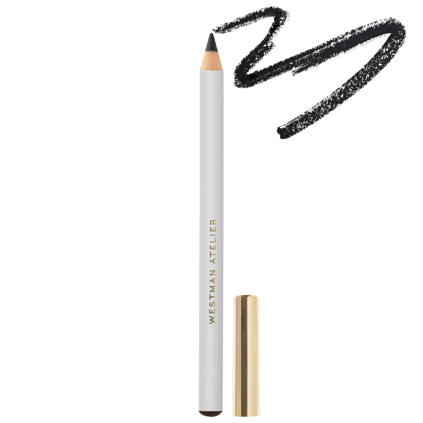 Black eyeliner pencil with white casing and gold cap on a white background, featuring the brand 'Westman Atelier'.