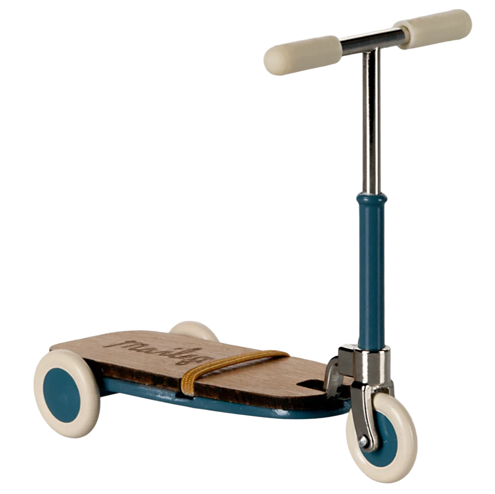 Children's scooter with blue frame and beige wheels on a white background