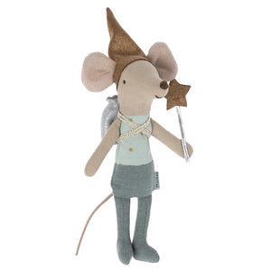 Stuffed mouse toy with a cone hat, star, and staff on a white background
