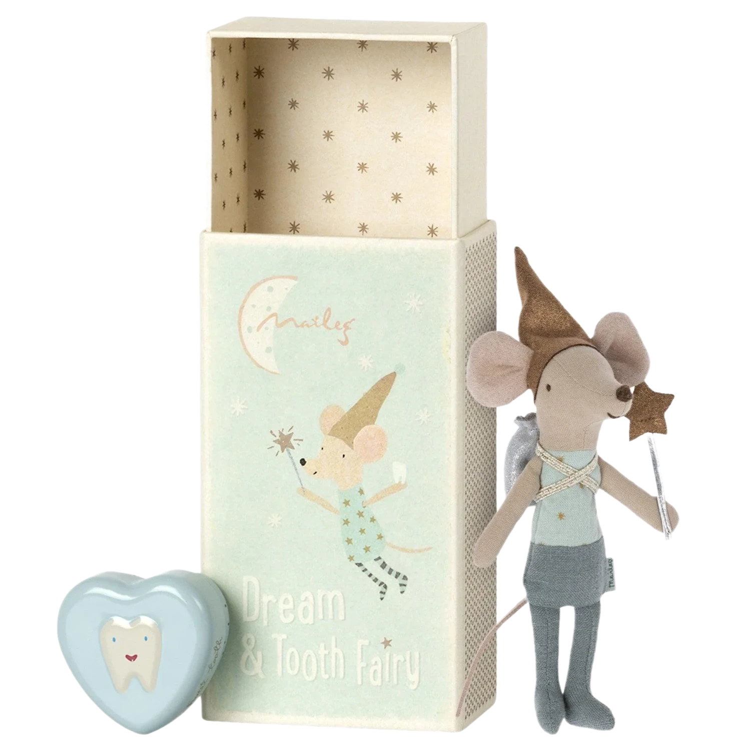 Mouse figurine with a tooth and decorative box on a white background