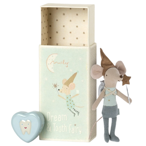 Mouse figurine with a tooth and decorative box on a white background