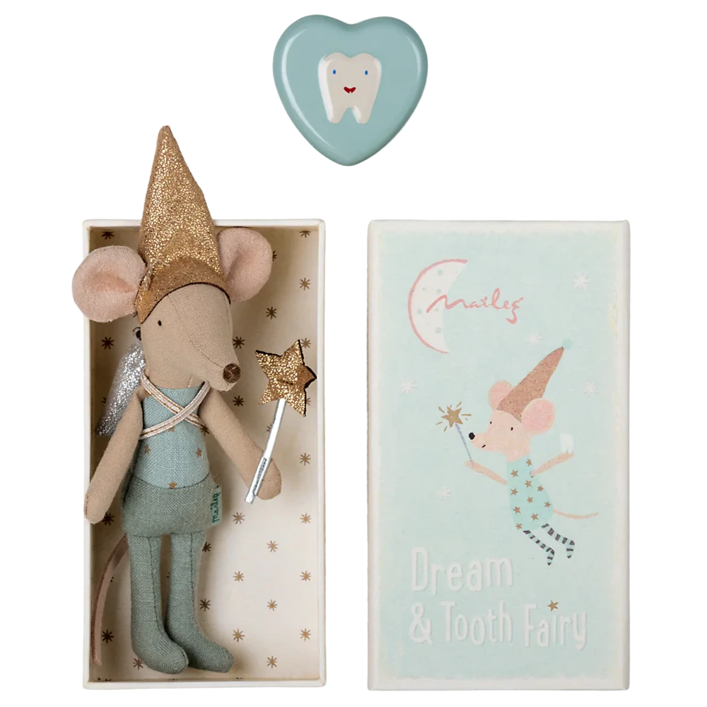 Decorative mouse toy with a gold cone hat, star wand, and tooth fairy box on a white background.