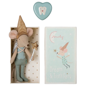 Decorative mouse toy with a gold cone hat, star wand, and tooth fairy box on a white background.
