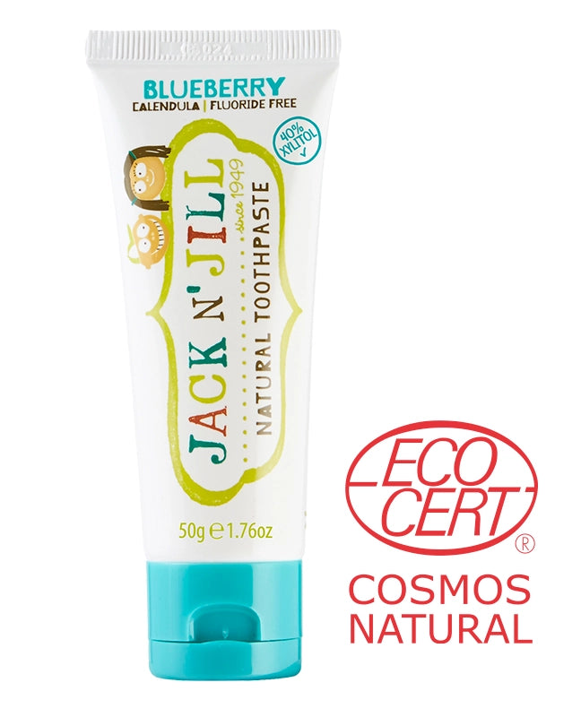 Tube of Jack n' Jill Kids Blueberry Toothpaste with an EcoCert Cosmos Natural seal in the bottom right corner.