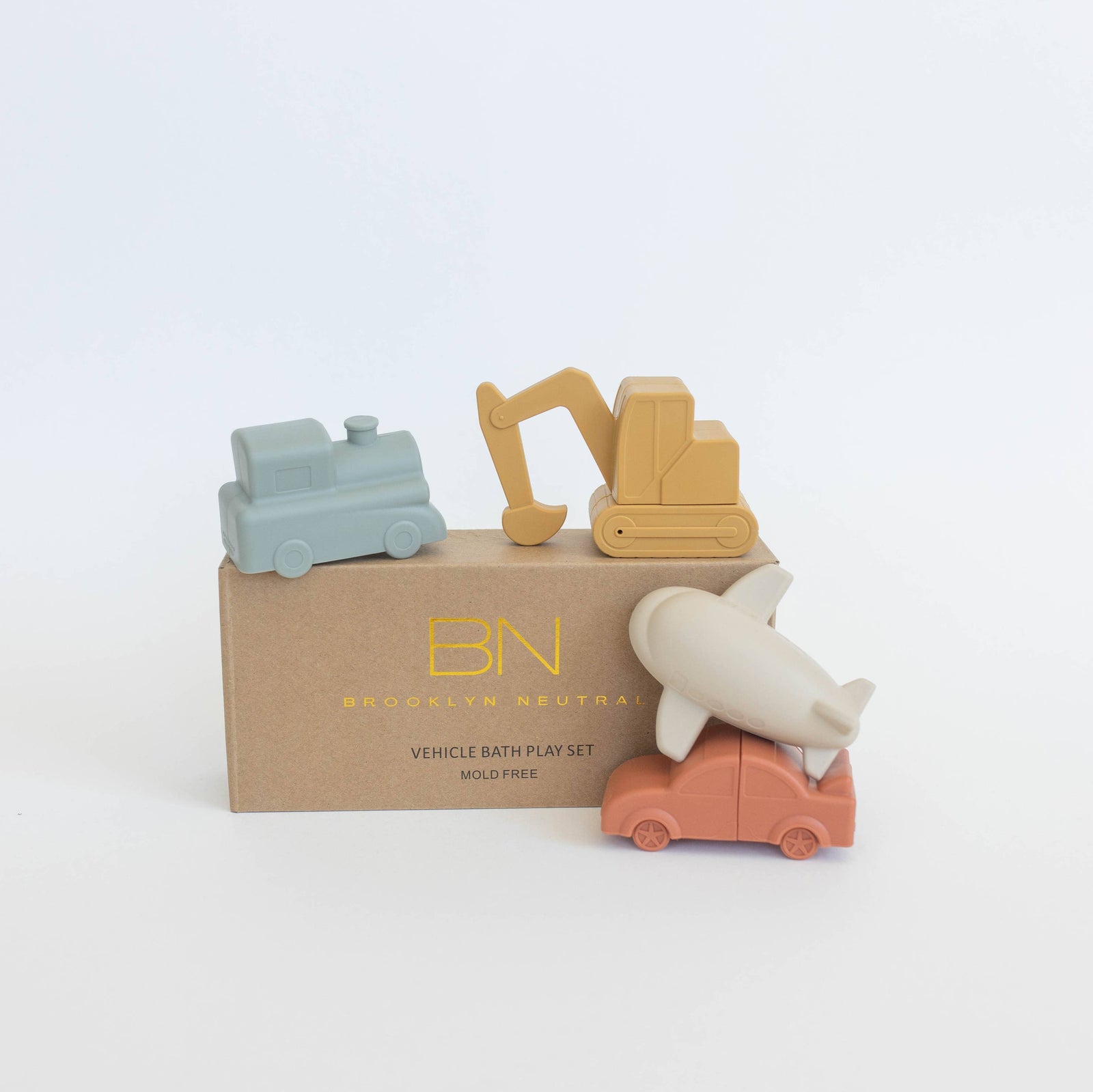 A set of multicolored vehicle bath toys displayed on a cardboard box with the text 'Brooklyn Neutral'.
