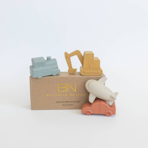 A set of multicolored vehicle bath toys displayed on a cardboard box with the text 'Brooklyn Neutral'.