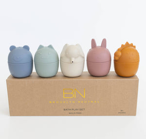 A set of colorful bath toys designed to look like various animals, displayed on a cardboard box with the brand 'Brooklyn Neutral' visible.