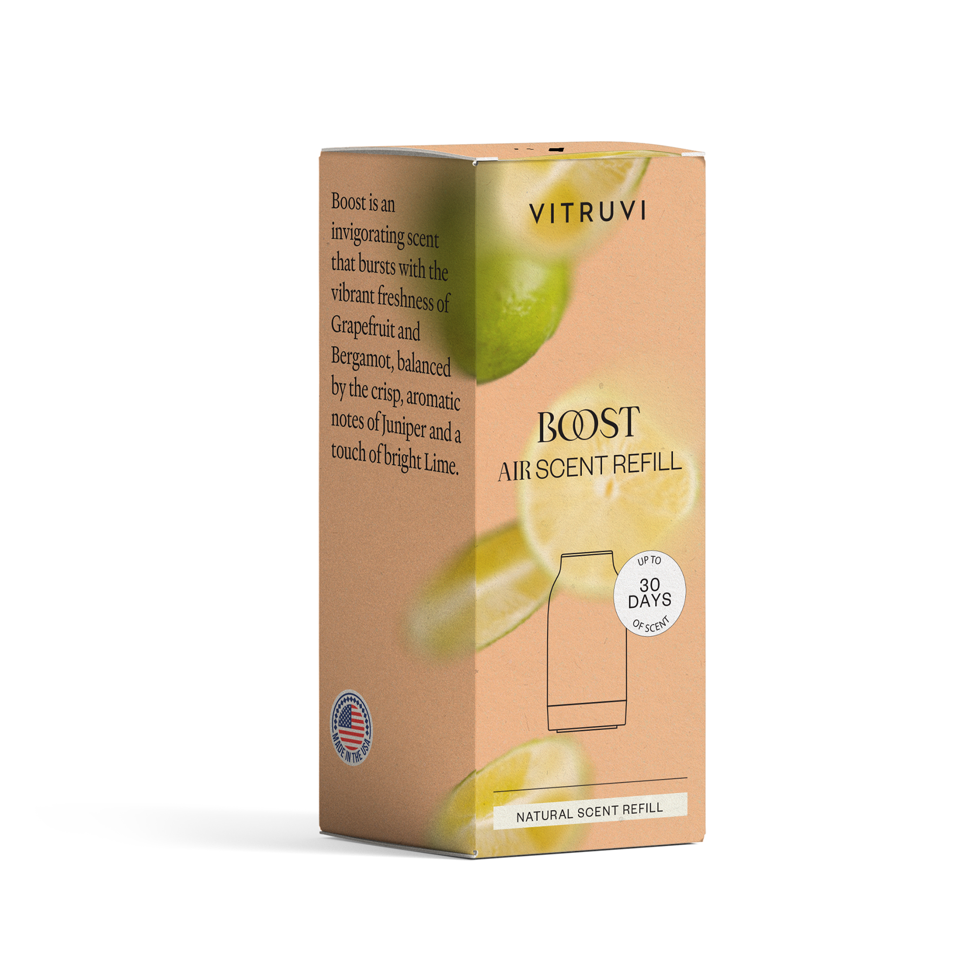 Vitruvi Boost air scent refill packaging on a white background