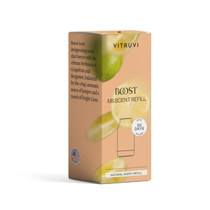 Vitruvi Boost air scent refill packaging on a white background