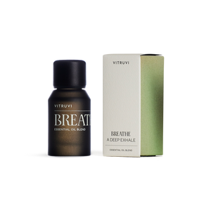Vitruvi Breathe essential oil blend bottle and packaging on a white background