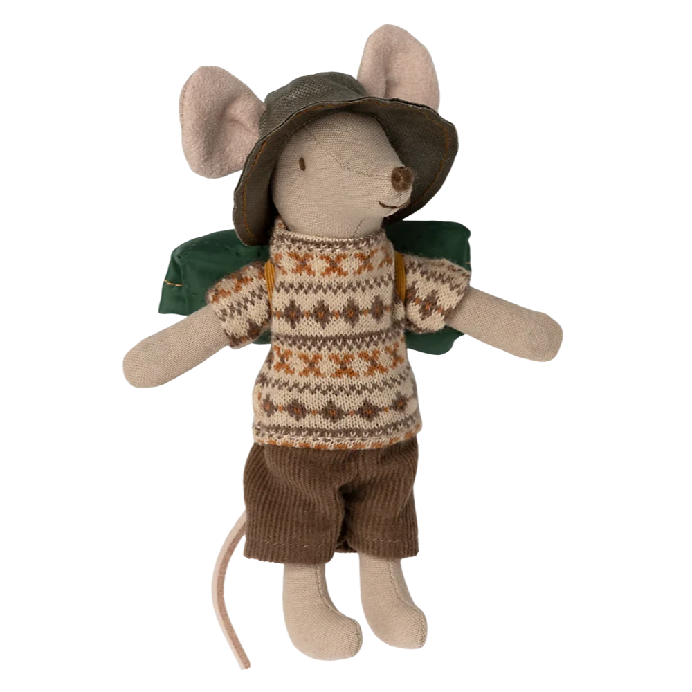 A toy mouse dressed in a brown and green outfit with a hat, resembling a hiker, made of cotton and recycled polyester.
