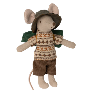 A toy mouse dressed in a brown and green outfit with a hat, resembling a hiker, made of cotton and recycled polyester.