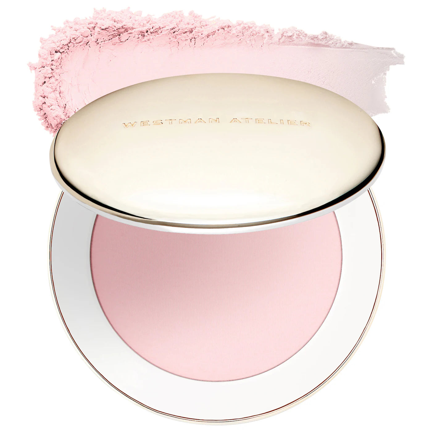 Compact powder with pink blush and visible brand name on a white background