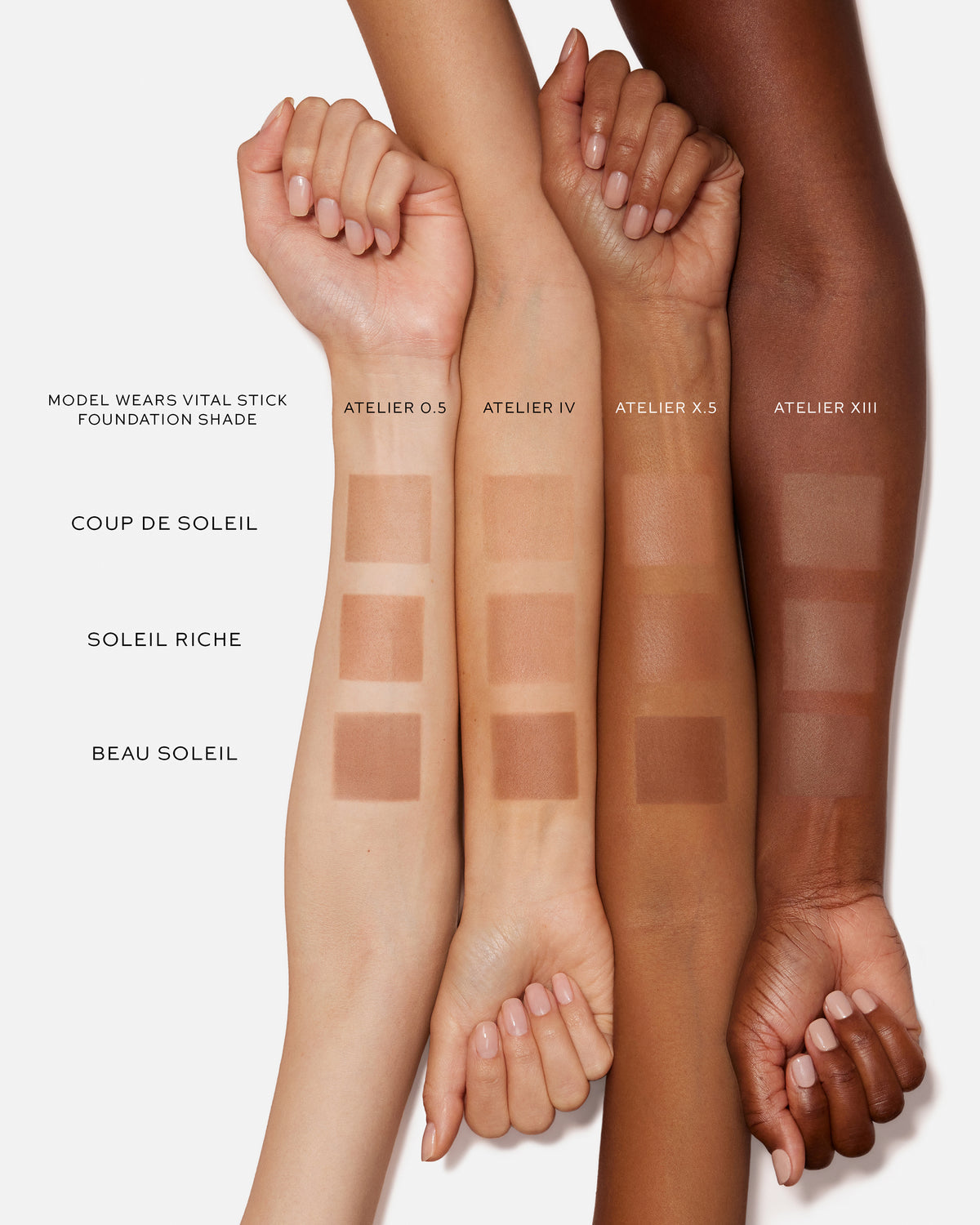 Swatch comparison of foundation shades on a model's arm with text labels.